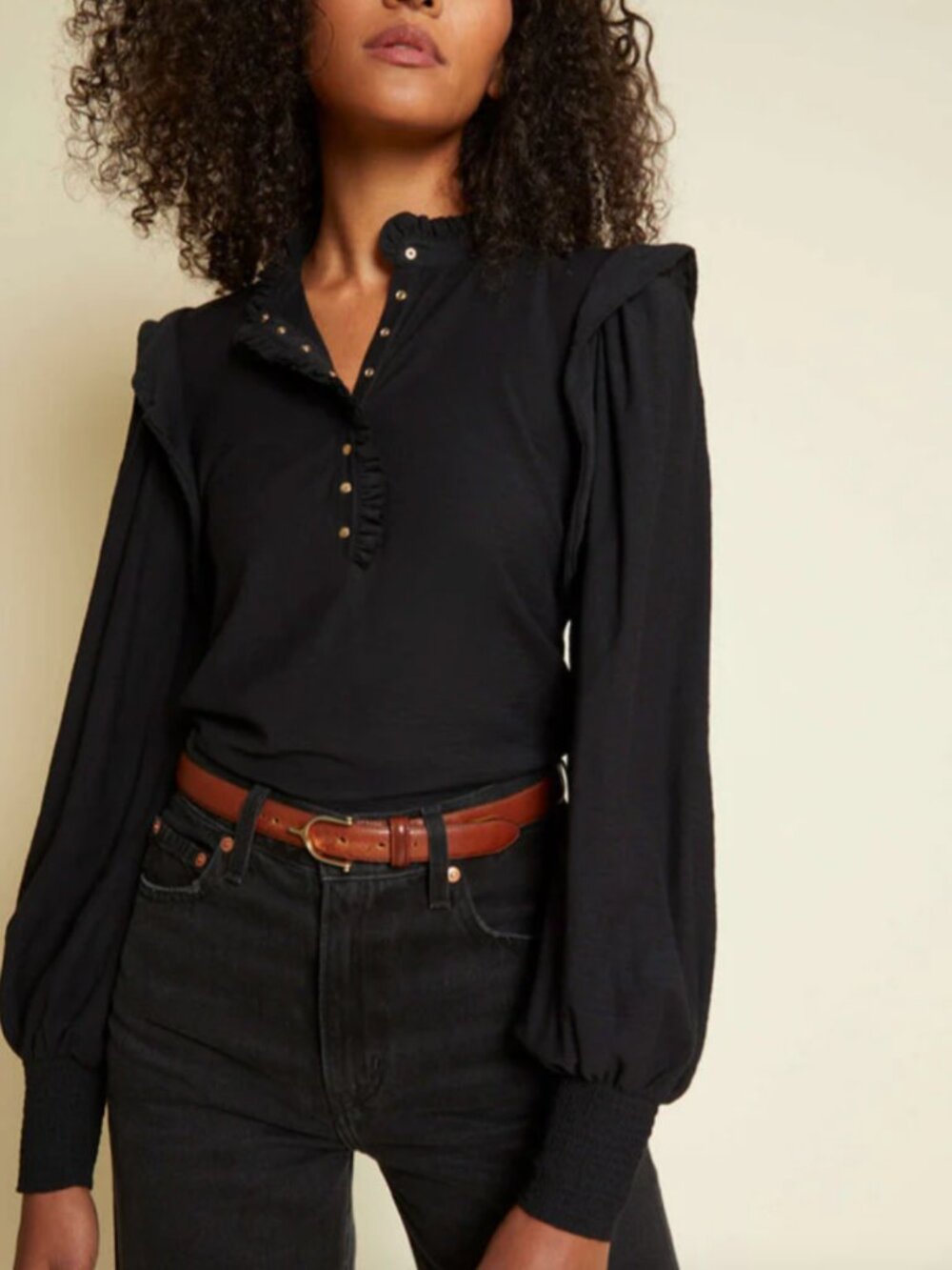 Nation LTD Black Ruffle Henley Blouse